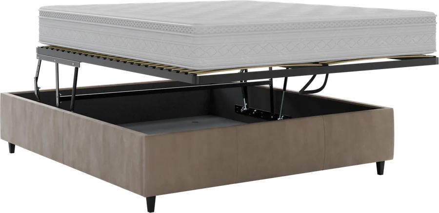 An upholstered bed with its sleeping surface raised on a lift over the storage beneath