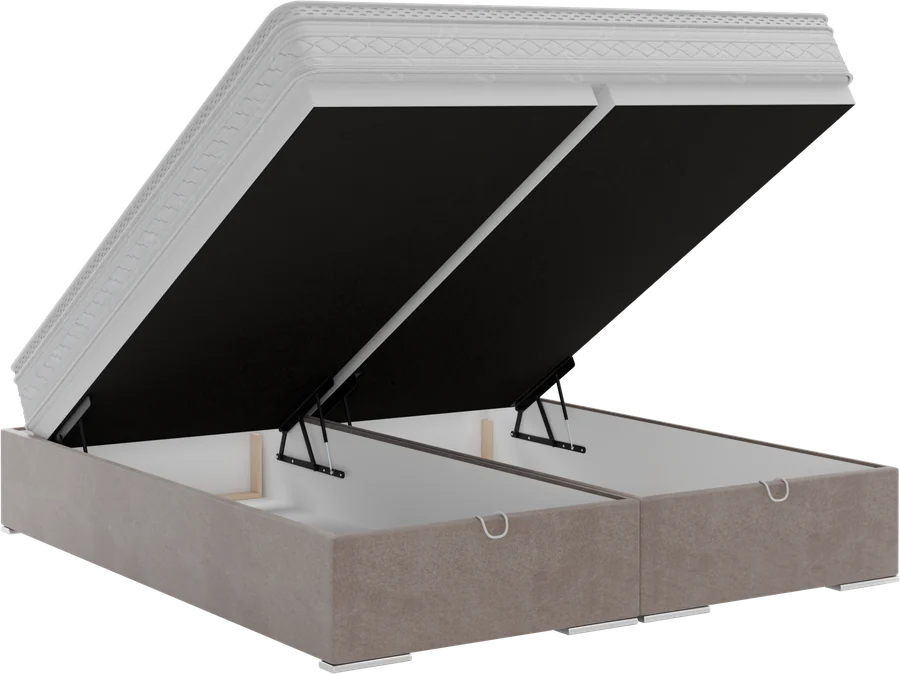 An upholstered base with its top lifted over a storage box