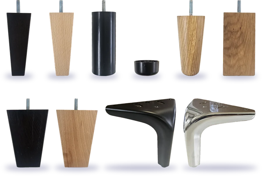 The bed legs side by side: wooden cones in black and natural, oiled oak, a round black leg, black and chrome corner legs and a low slider