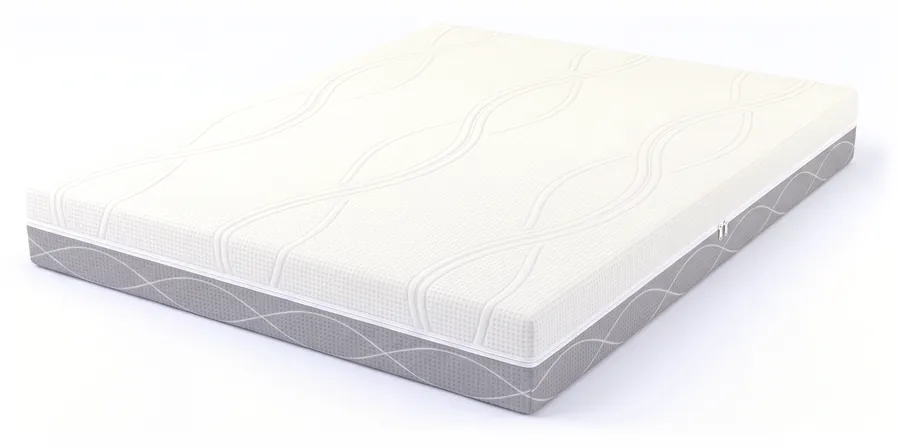 A mattress in a white quilted cover with a grey border