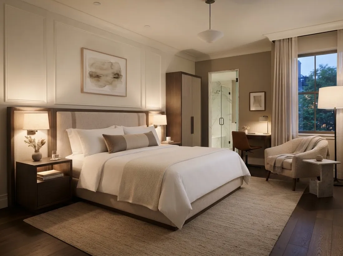 A boutique hotel room with an upholstered bed, warm lamps and a window onto the city