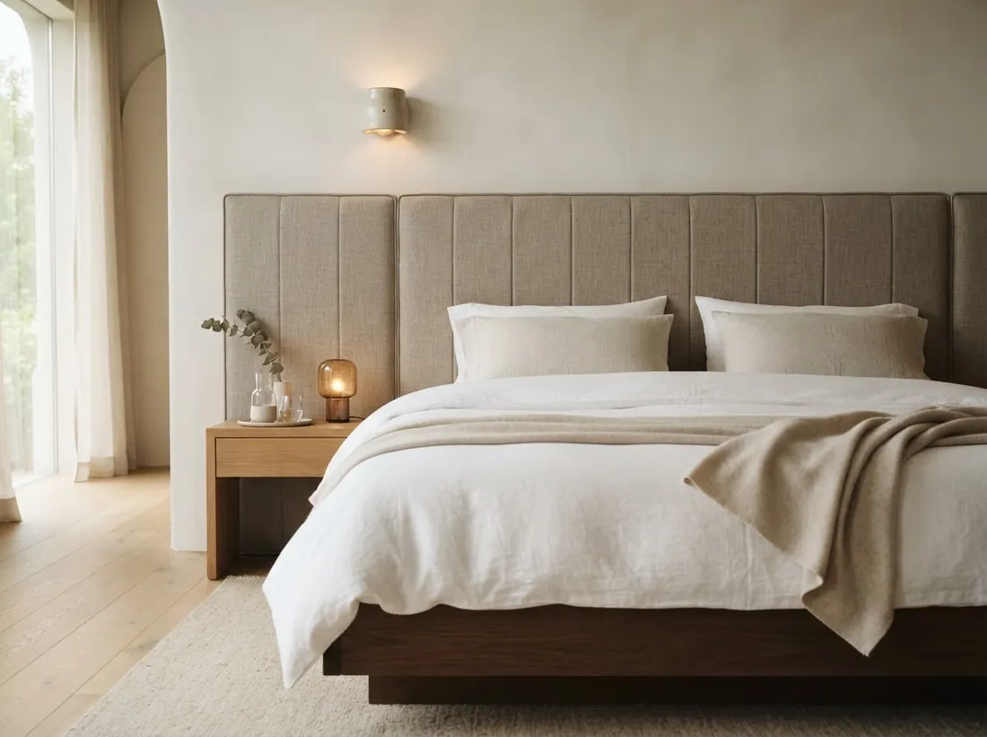 A channelled headboard in a soft neutral fabric, with daylight falling across the bed