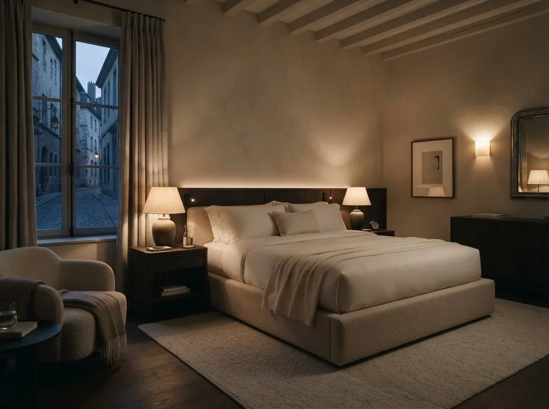 A hotel suite in the evening, with an upholstered bed lit by wall lamps