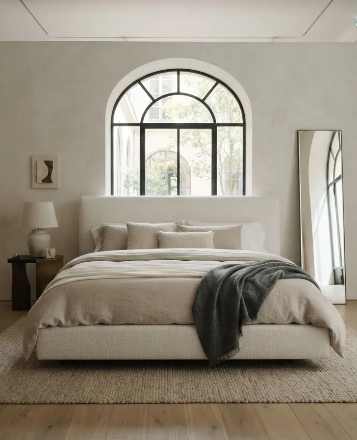 A bright showroom with an upholstered bed beneath an arched window