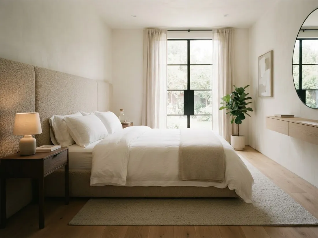 A calm bedroom with an upholstered headboard and white bedding in daylight