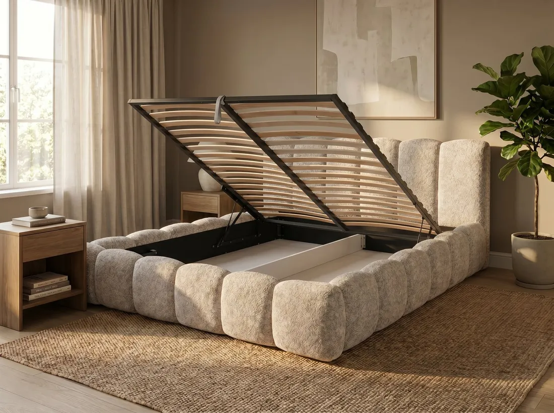 An upholstered bed with its sleeping surface lifted over the storage beneath