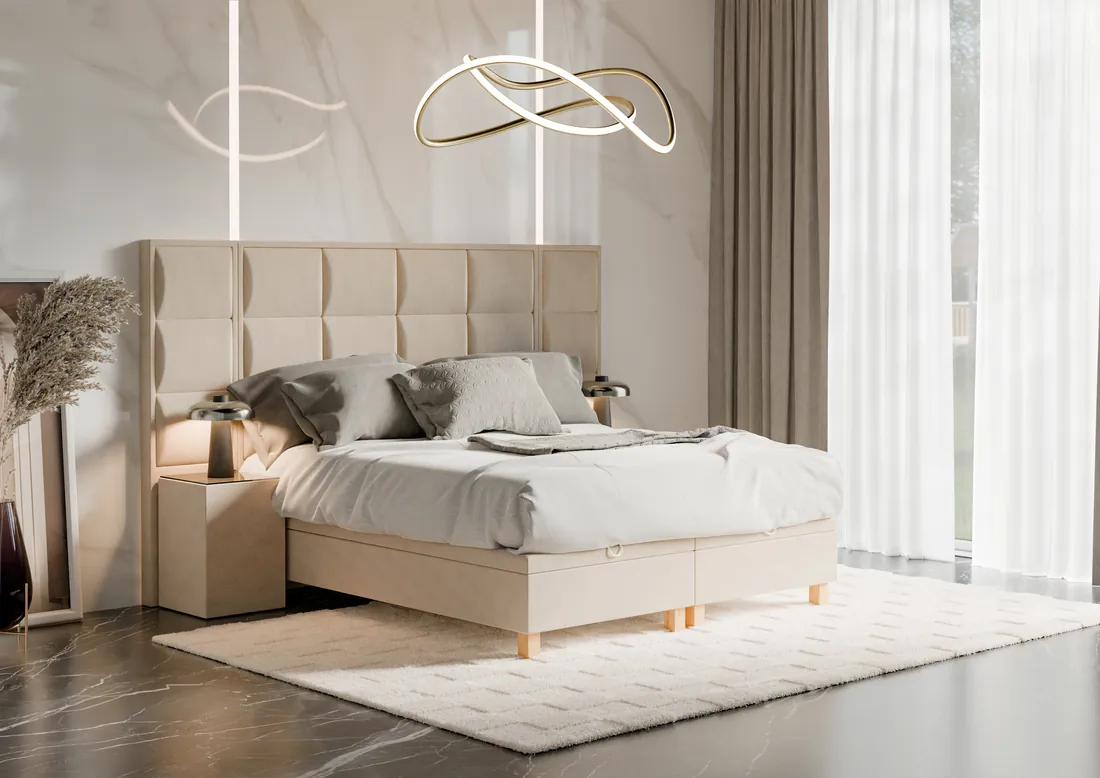 A bright bedroom with the extra-wide Dreemex Grid XL panel headboard on oak legs