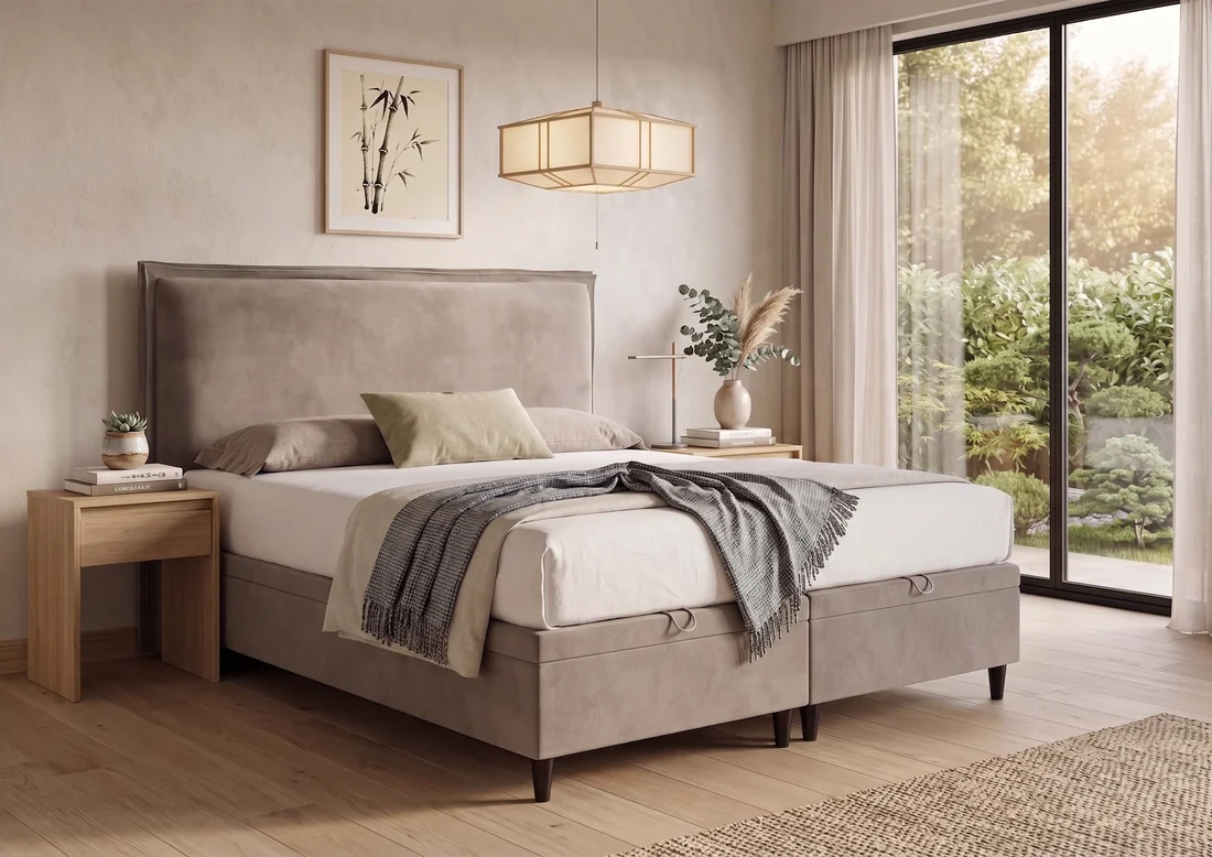 A calm bedroom with a bed made up in white linen, beside tall garden windows