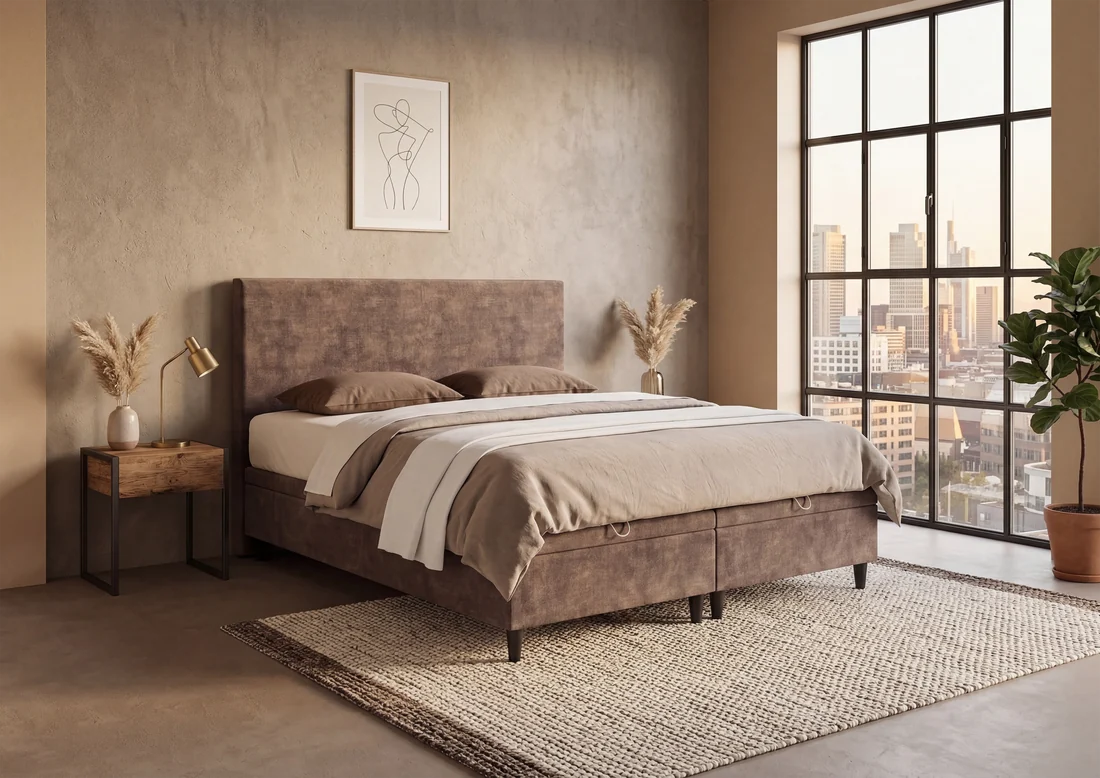 An upholstered bed with the Dreemex Zenith headboard in a bedroom