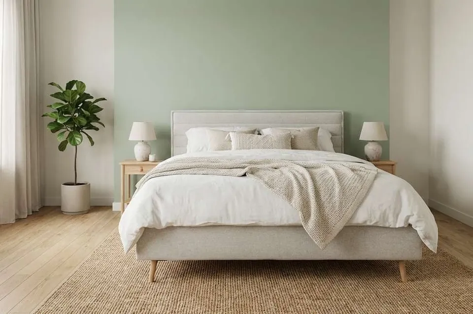 The Dreemex Loft bed with a softly channelled headboard, in a calm bedroom with a sage-green wall