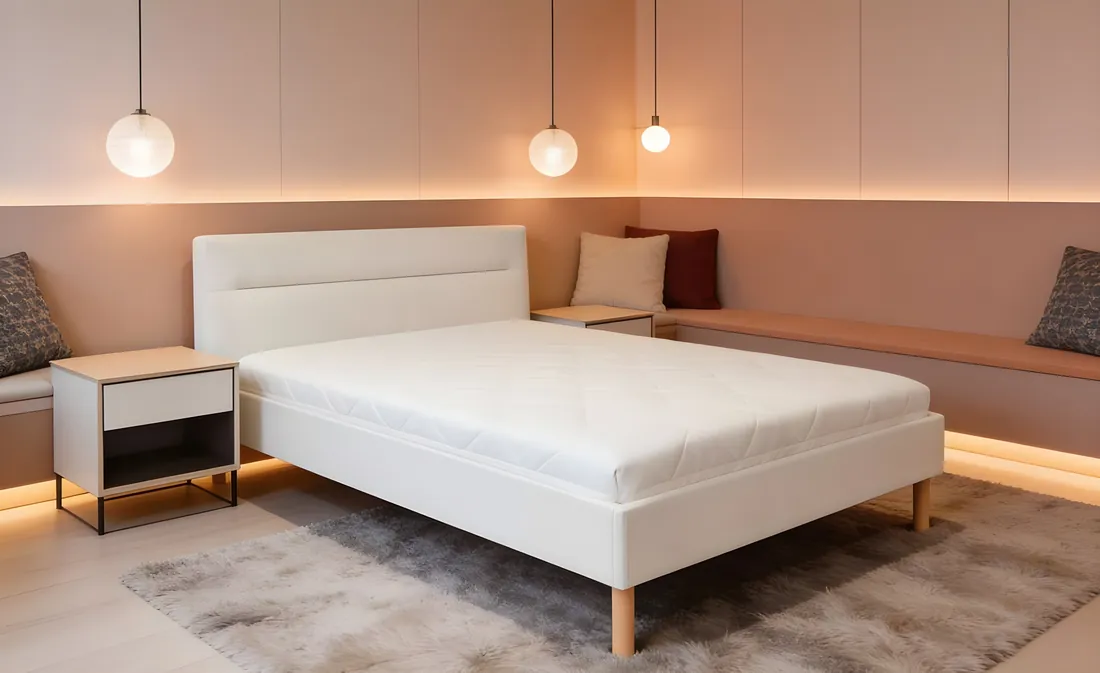 Plain white upholstered bed in a warmly lit guest room