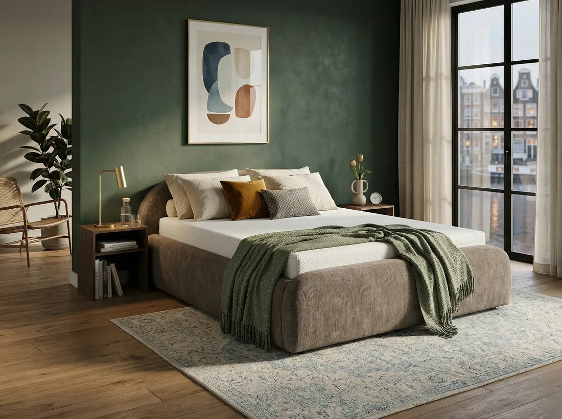 A bedroom with a rounded upholstered bed against a deep green wall, beside tall windows onto a canal