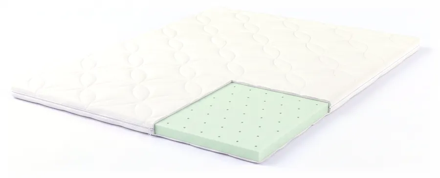 A Dreemex topper in its standard cover, opened to show the layer inside